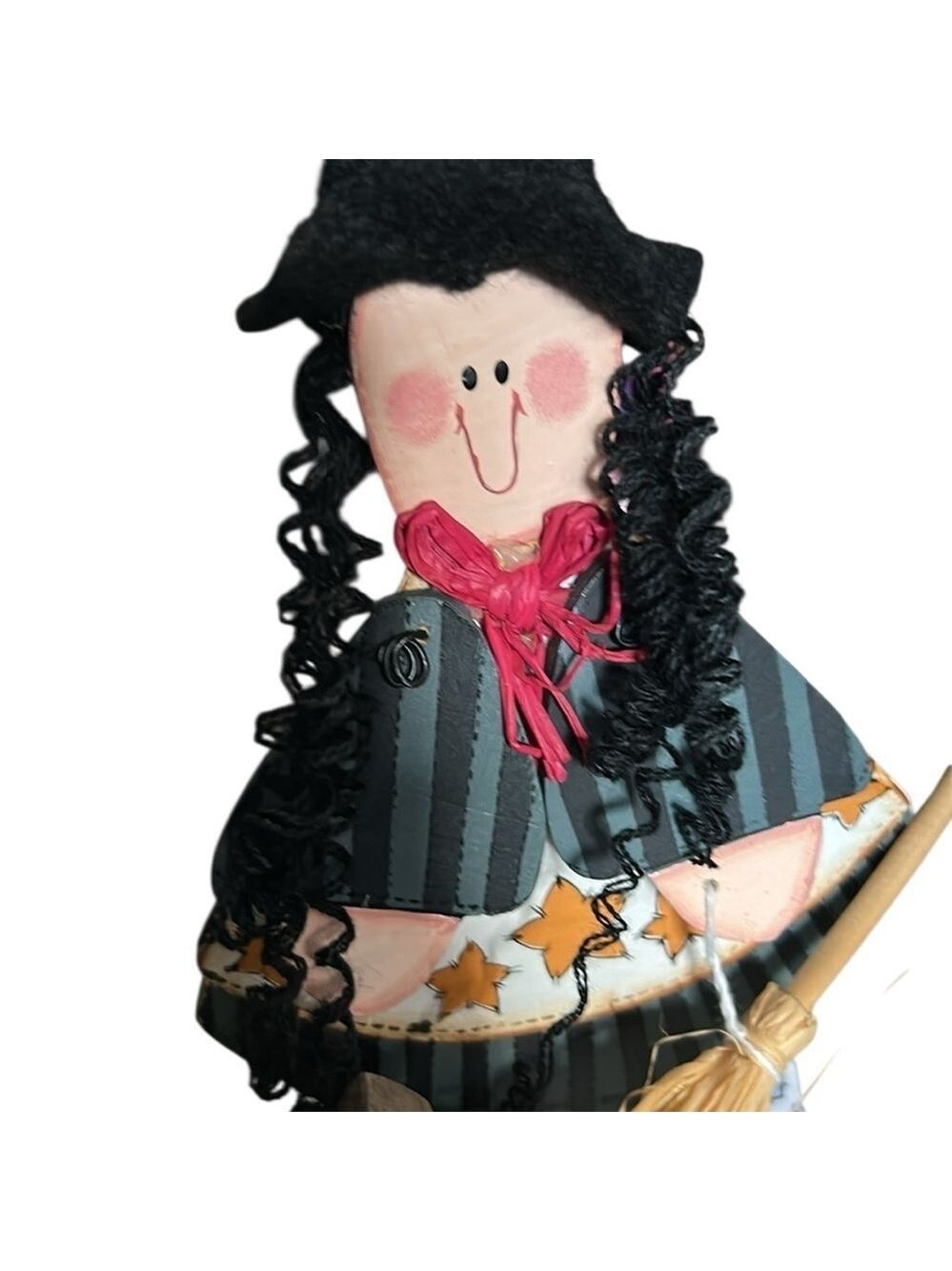 Wooden Halloween Good Witch Figurine with Curly Black Hair and Broom 11” - Picture 6 of 9